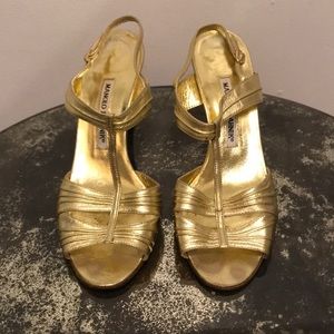 Manolo Blahnik gold strappy slingback heels